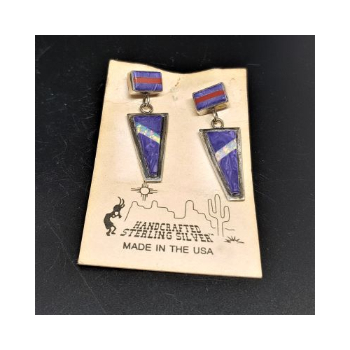 native american made silver two part stud earrings and inset with charoite coral and opal