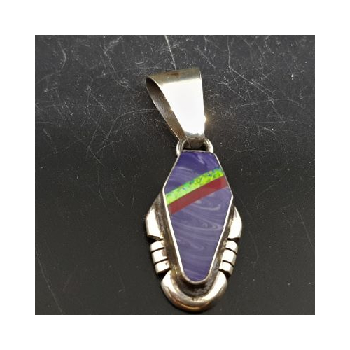 native american made silver fancy design pendant with heavy bail and inset with charoite coral and opal