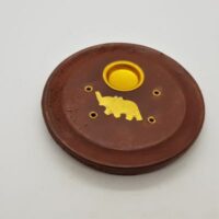 round wooden incense stick and cone dish with brass elephant design