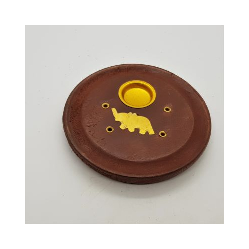 round wooden incense stick and cone dish with brass elephant design