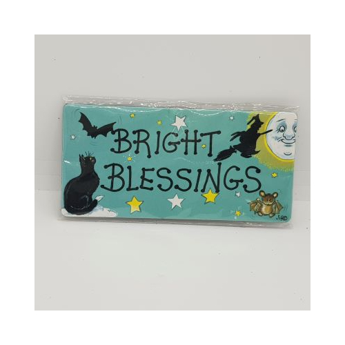 fridge magnet cat bat witch and moon and words bright blessings