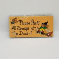 fridge magnet witch on broom words please park all brooms at the door