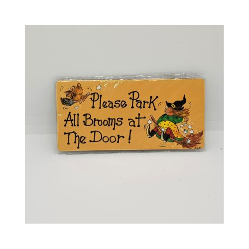 fridge magnet witch on broom words please park all brooms at the door