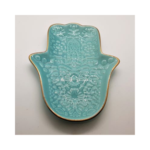 hand of fatima shaped trinket dish turquoise coloured with gold rim