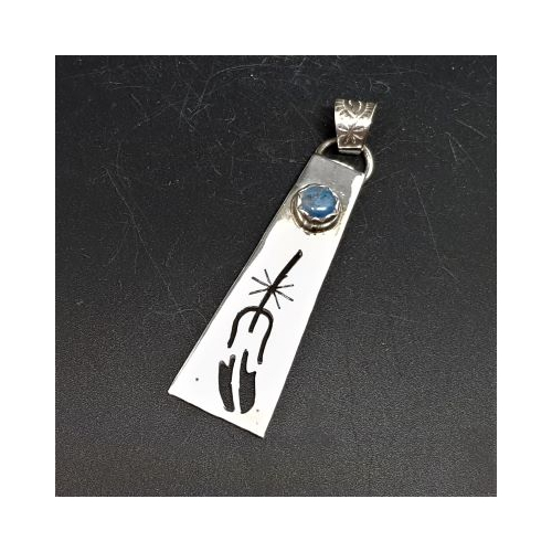 native american made long silver pendant with cut out feather design