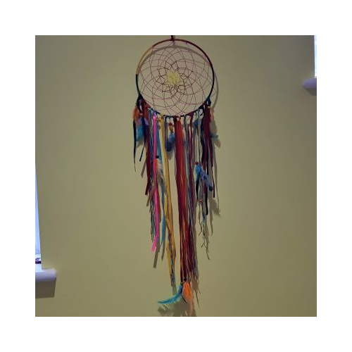 multi coloured dreamcatcher with hanging ribbons