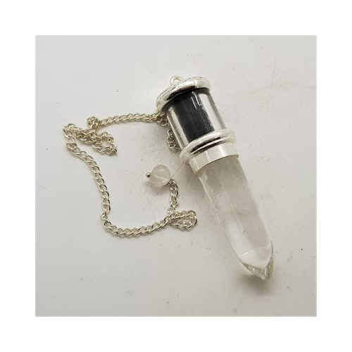 clear quartz bullet pendulum with shungite chips above
