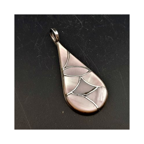 native american made silver tear drop shaped pendant set with pink shell