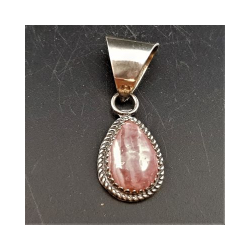 native american made teardrop shaped pendant in silver set with rhodochrosite and heavy bail