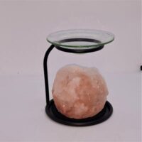 salt oil burner glass dish on metal stand with himalayan salt in the base to hold the t lite side view