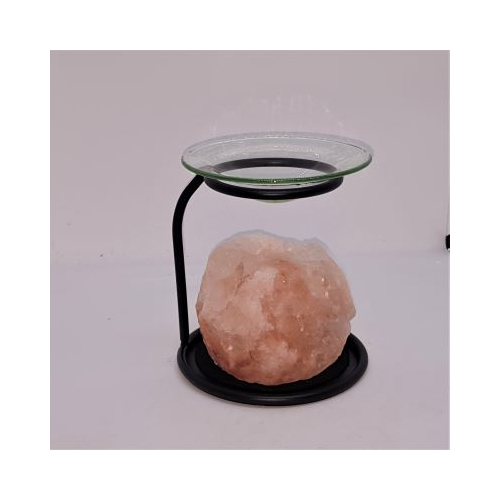 salt oil burner glass dish on metal stand with himalayan salt in the base to hold the t lite side view