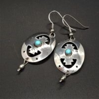 native american silver oval earrings with turquoise stone and cut out design