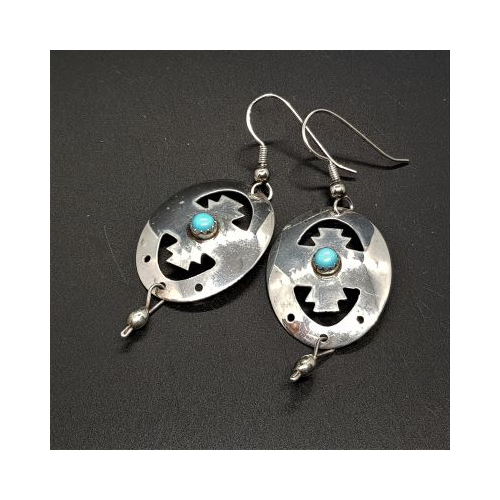 native american silver oval earrings with turquoise stone and cut out design
