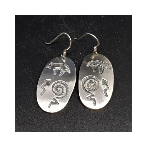 native american made large silver oval earrings with bear and power symbols engraved
