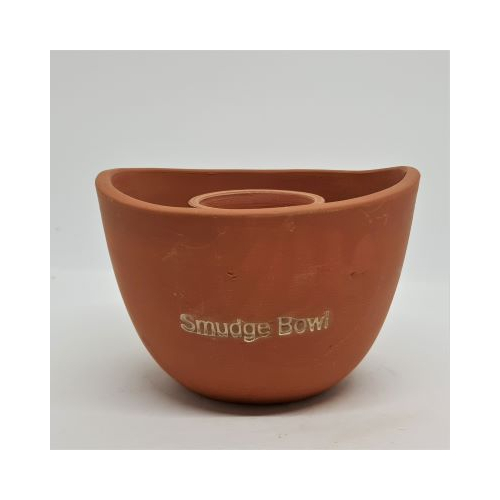 terracotta smudge pot with central part to hold smudge stick side view showing words smudge bowl