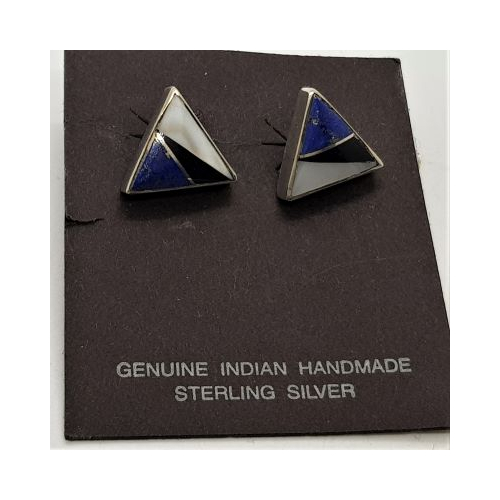 native american made silver triangular earrings inset with stones