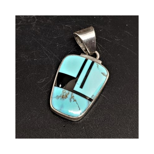native american made silver rectangular pendant inlaide with turquoise and black onyx