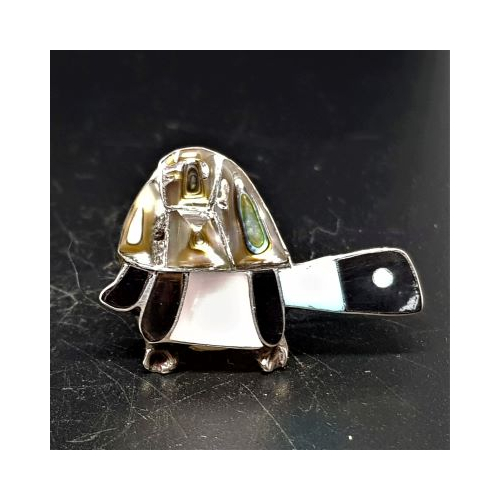 zuni turtle or tortoise silver brooch pendant inlaid with stones