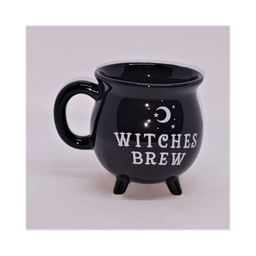 witches brew cauldron shaped black mug with the words witches brew