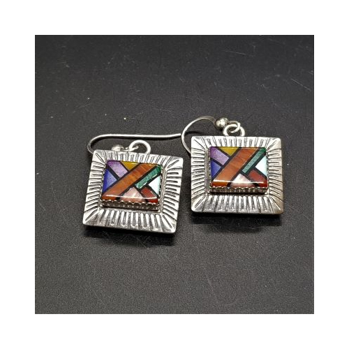 zuni multi stone inlaid in silver earring rectangular shape