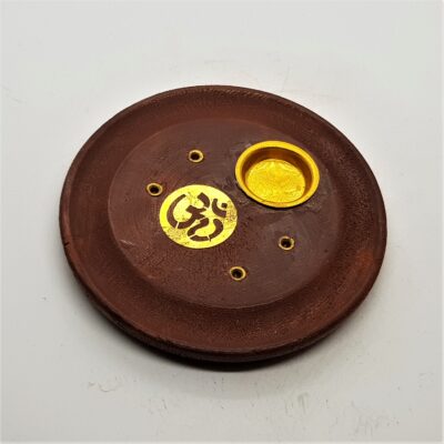 wooden round cone and stick burner dish with om design
