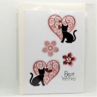 2 black cats in hearts with flowers words best wishes card