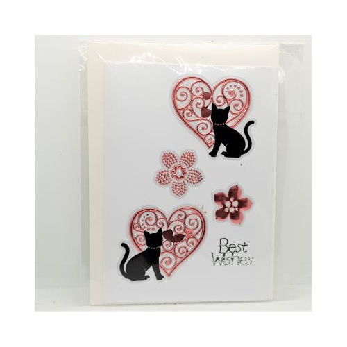 2 black cats in hearts with flowers words best wishes card