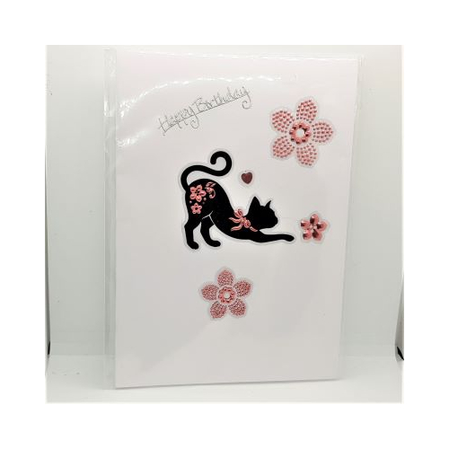 black cat and red flowers birthday card