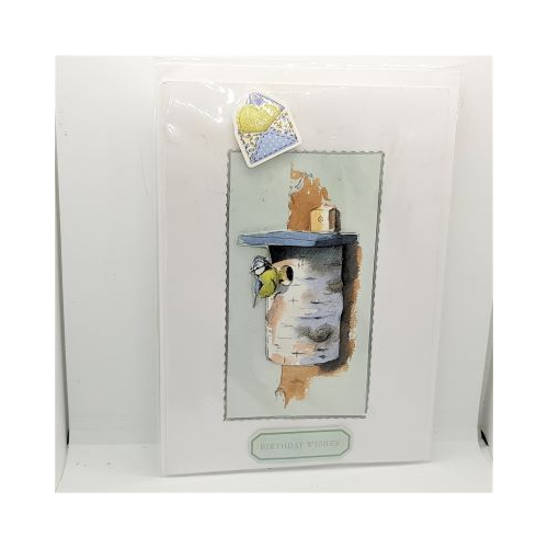 blue tits on silver birch birdhouse 3d decoupage birthday card