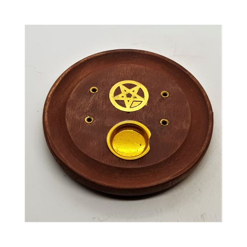 wooden round cone and stick burner dish with pentagram design
