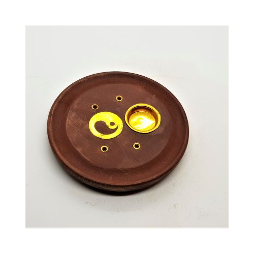 wooden round cone and stick burner dish with yin yang design