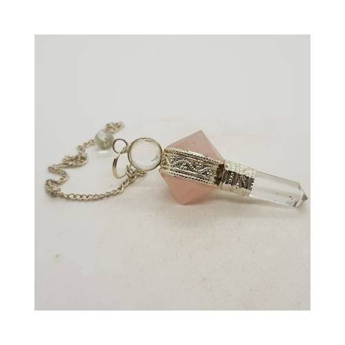 double terminated rose quartz and clear quartz point pendulum