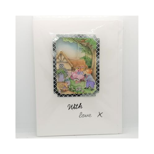 3d decoupage card of cottage with mice pushing a swing - with love