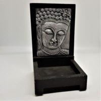 buddha display dish black with silver buddha face inset