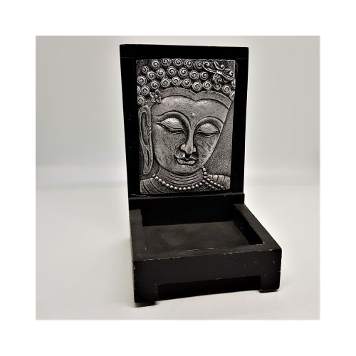 buddha display dish black with silver buddha face inset