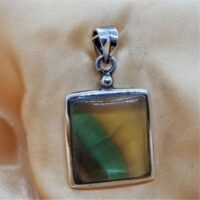 square yellow and green fluorite in silver pendant