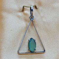 silver triangle frame pendant with oval green stone