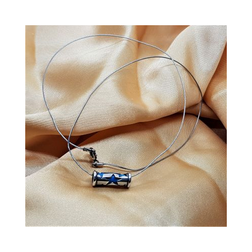 turquoise tube bead inside silver star pattern tube on silver wire necklace
