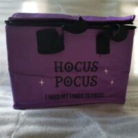 insulated lunch bag purple with black trim words Hocus Pocus I need my lunch to focus
